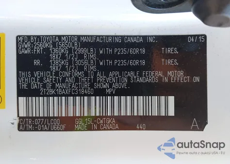 2015 Lexus Rx 350 z USA, uszkodzony, nr VIN 2T2BK1BAXFC318460